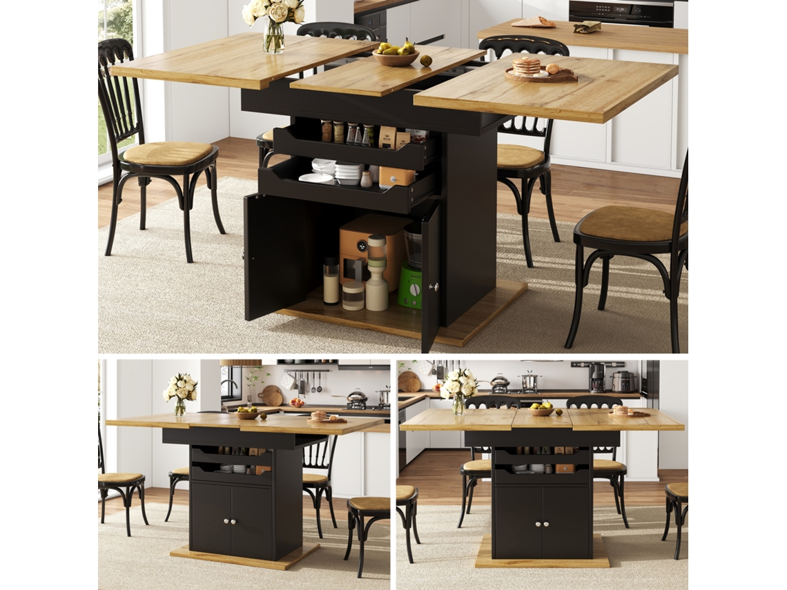 Mesa Extensible 110-140x80 Cm - Mesa De Cocina Plegable, Con 2 Cajones Y 1 Armario - Negro