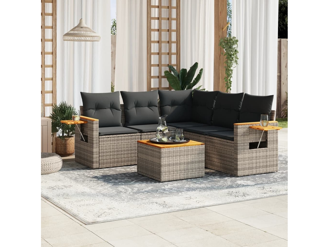Conjunto de sofá de jardín de 6 piezas con cojines de mimbre gris, Dkd Home Decor