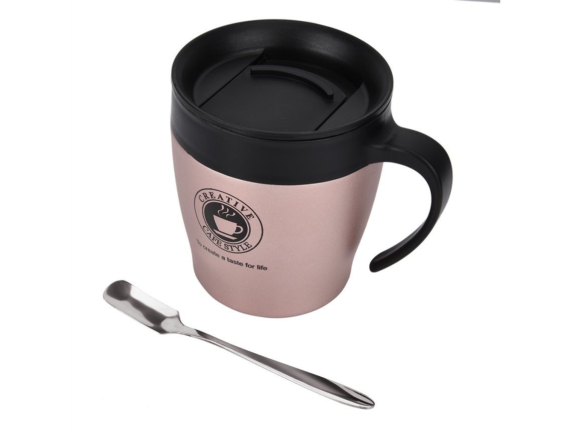 Taza térmica de acero inoxidable con cuchara y tapa para viajes de oficina (oro rosa)