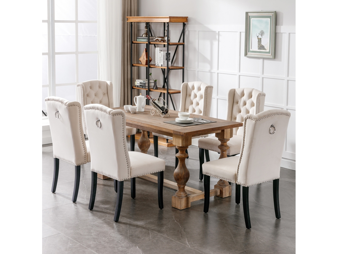 Juego de 6 sillas de comedor de terciopelo con patas de roble, tapizado abotonado, tiradores cromados y detalles tachonados. Silla de dormitorio.