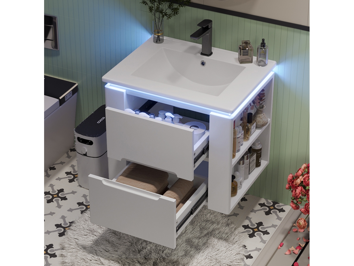 Armario De Baño Suspendido 61x46x48,5 Cm - Con Iluminación Led, 2 Cajones, Lavabo Integrado - Blanco