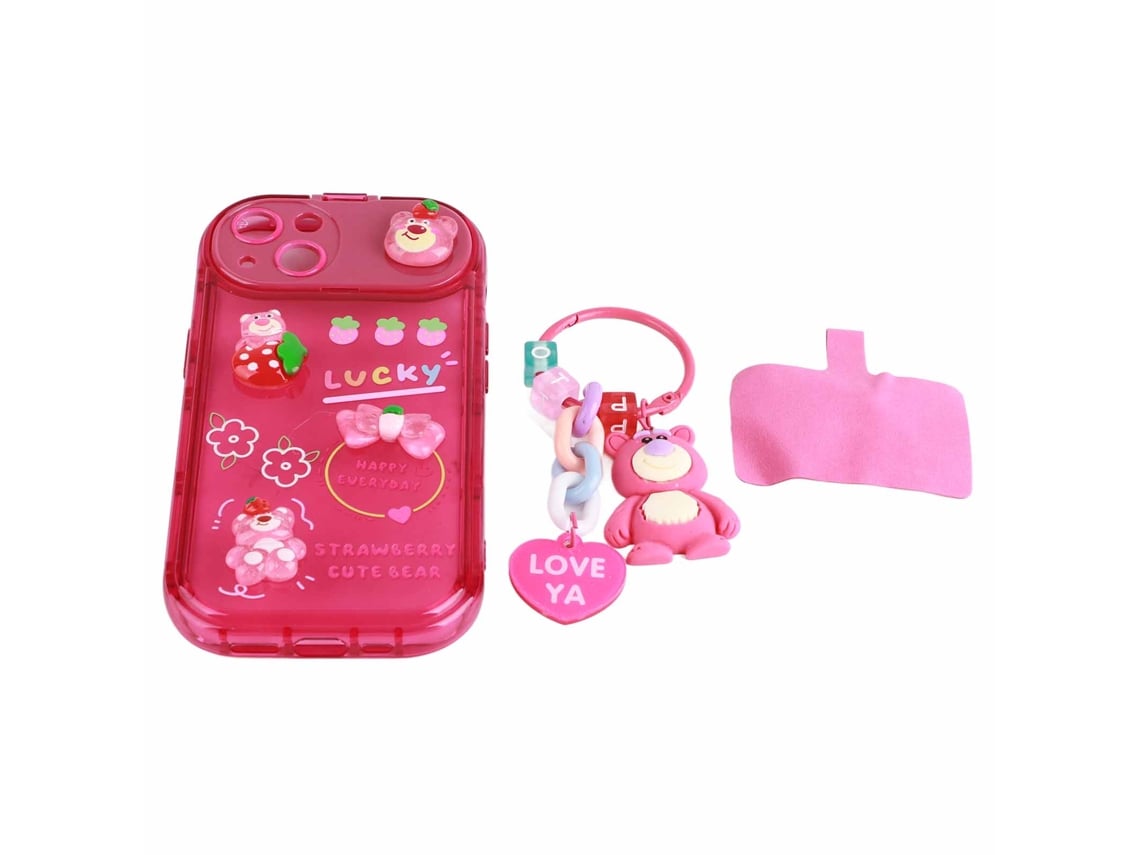 Capa De Celular De Silicone Macio Com Espelho Stand, Padrão Cartoon, Cordão E Transparente Para Ios, Vermelho Rosa