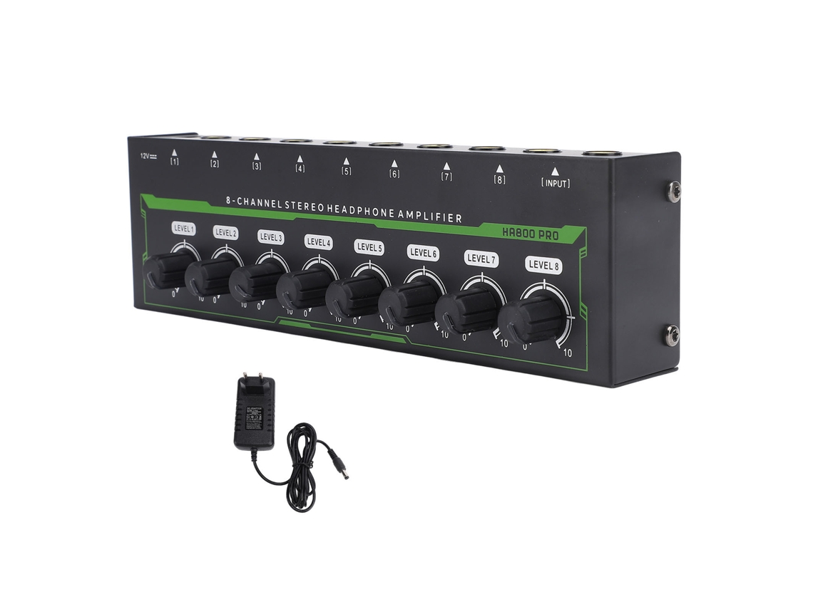 Amplificador de auriculares estéreo portátil de 8 canales con bajo nivel de ruido, luz RGB, enchufe europeo, 100-240 V.
