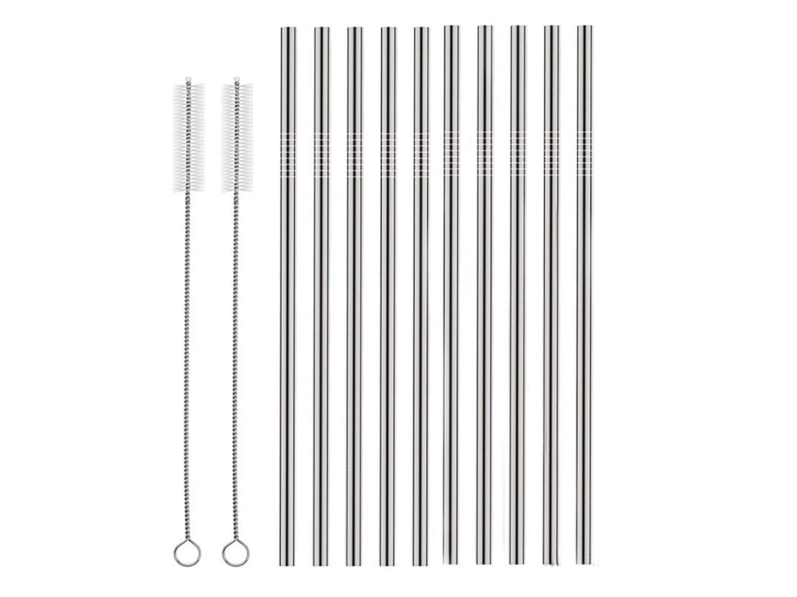 Juego De 12 Pajitas De Acero Inoxidable Rectas Reutilizables Con 2 Cepillos De Limpieza