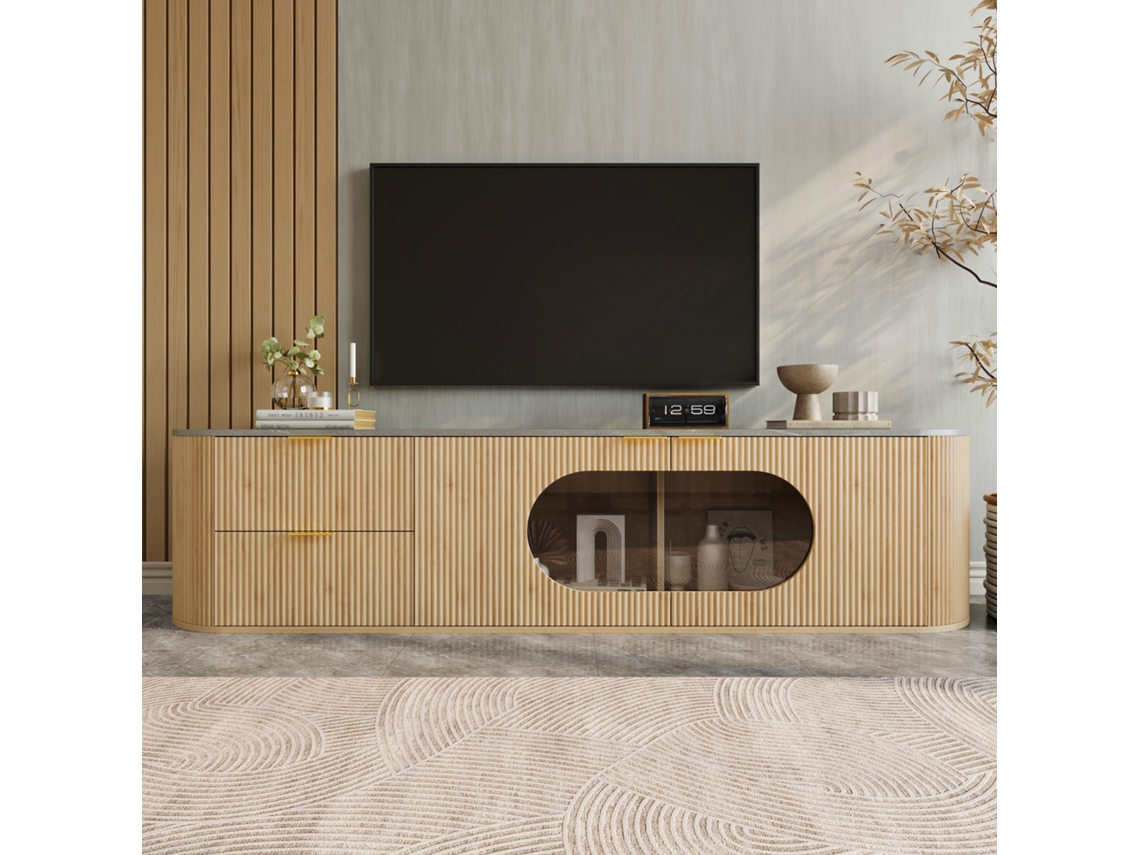 Mueble Para Tv De Madera, Con Múltiples Compartimentos, Puertas 3d Ranuradas, Vitrina Ovalada De Vidrio Gris, Estilo Moderno Y Natural, 172x38x45,5 Cm