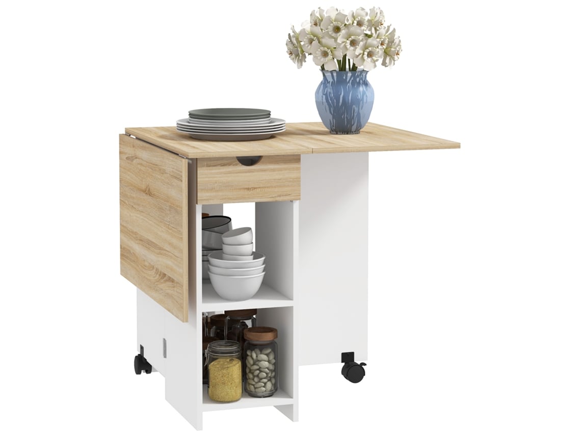 Mesa Cozinha Dobrável Rodas Gaveta Prateleiras 2-4 Pessoas Carvalho Branco 120x72x75
