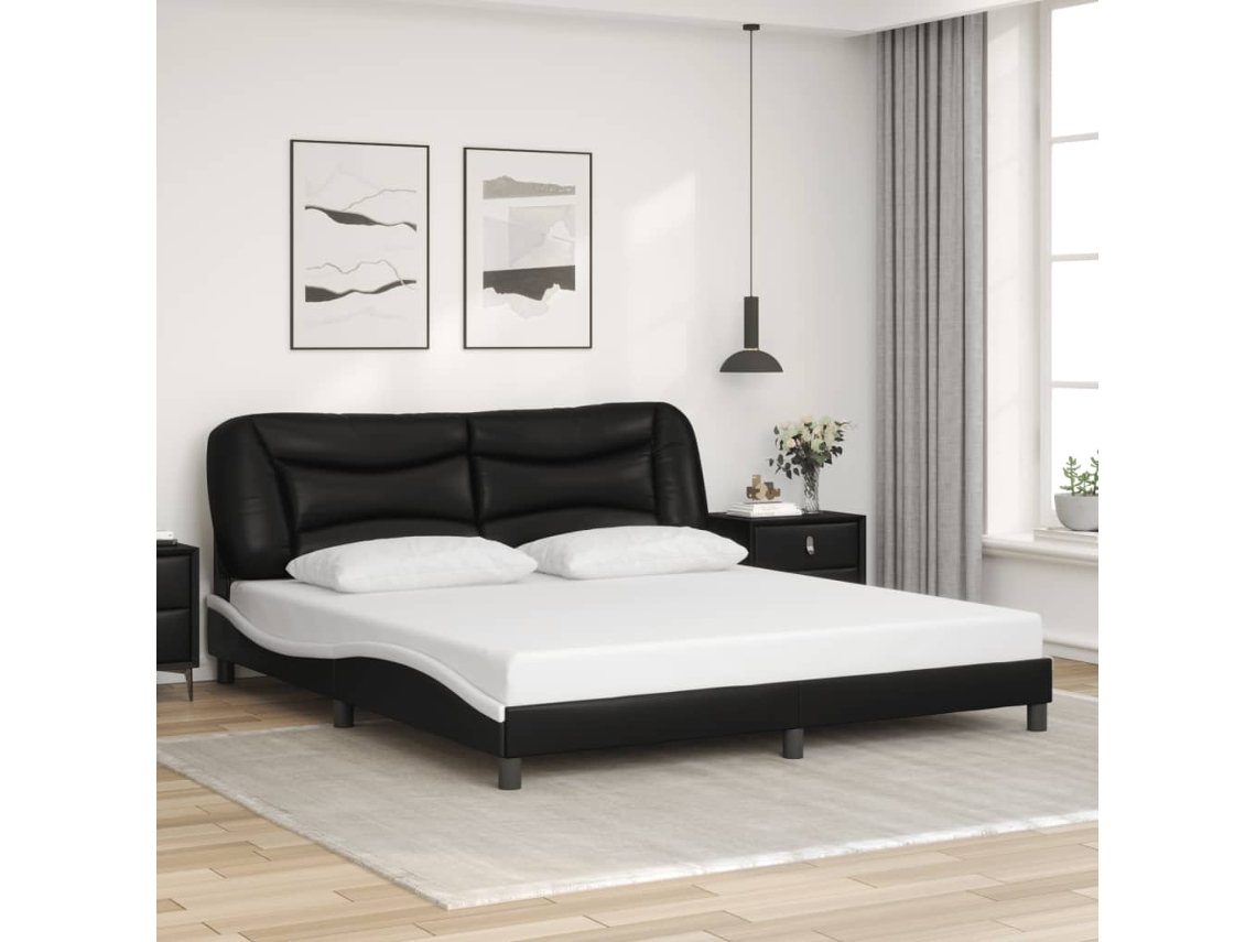 Estructura De Cama Con Cabecero Cuero Sintético Negro Y Blanco