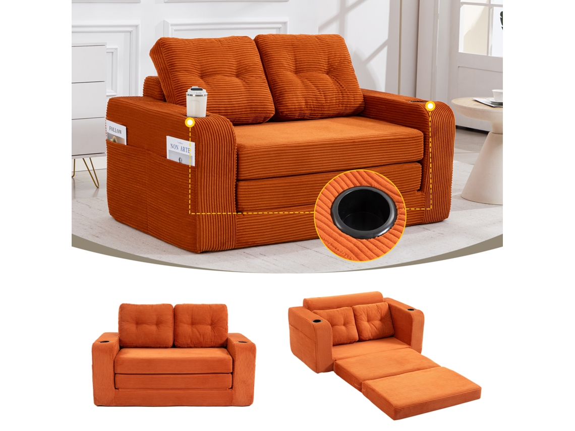 Sofá Puf 2 Plazas - Sofá Sin Estructura Convertible Con Portavasos, Bolsillos Laterales, Cojines Acolchados Y Respaldo - Naranja