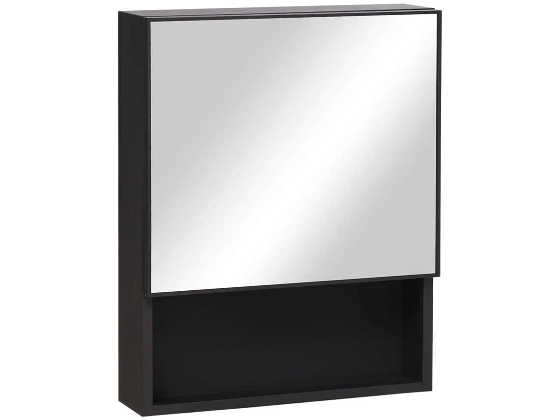 Armario de pared de acero inoxidable con espejo, 2 estantes interiores y estante de cristal abierto, 46 x 13,5 x 58 cm