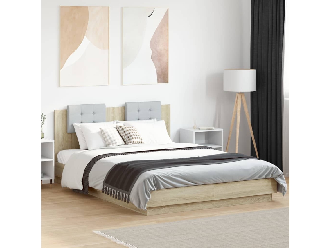 Estructura De Cama Cabecero Luces Led Roble Sonoma 140x200 Cm
