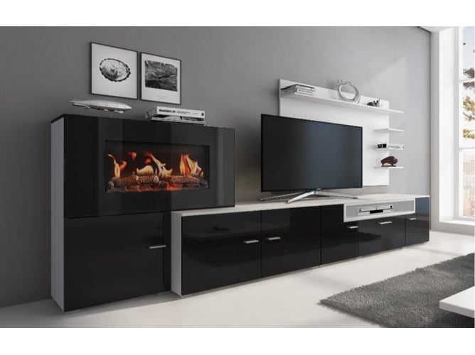 Skraut Home Mueble para chimenea 170 x 290 45 cm sistema de iluminación led efecto llamas modelo olympo estilo moderno acabado blanconegro conjunto negro