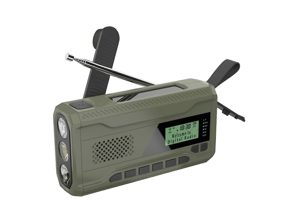 Radio portátil GOKOCO con manivela y cargador solar.