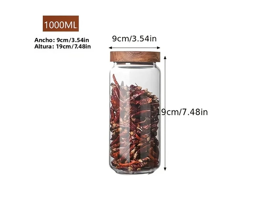 Un pequeño frasco de vidrio con tapa hermética, ideal para café, con tapa de madera. Mdug (1000 ml).