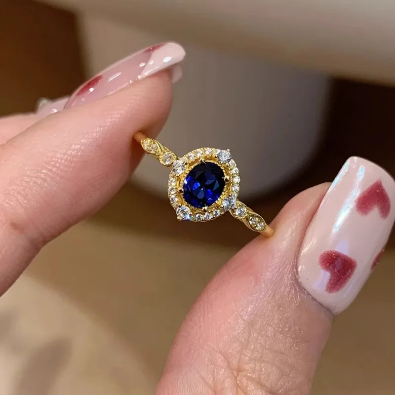 Anillo De Compromiso Ovalado De Circonita Azul De Lujo Para Mujer, Anillo De Boda De Oro