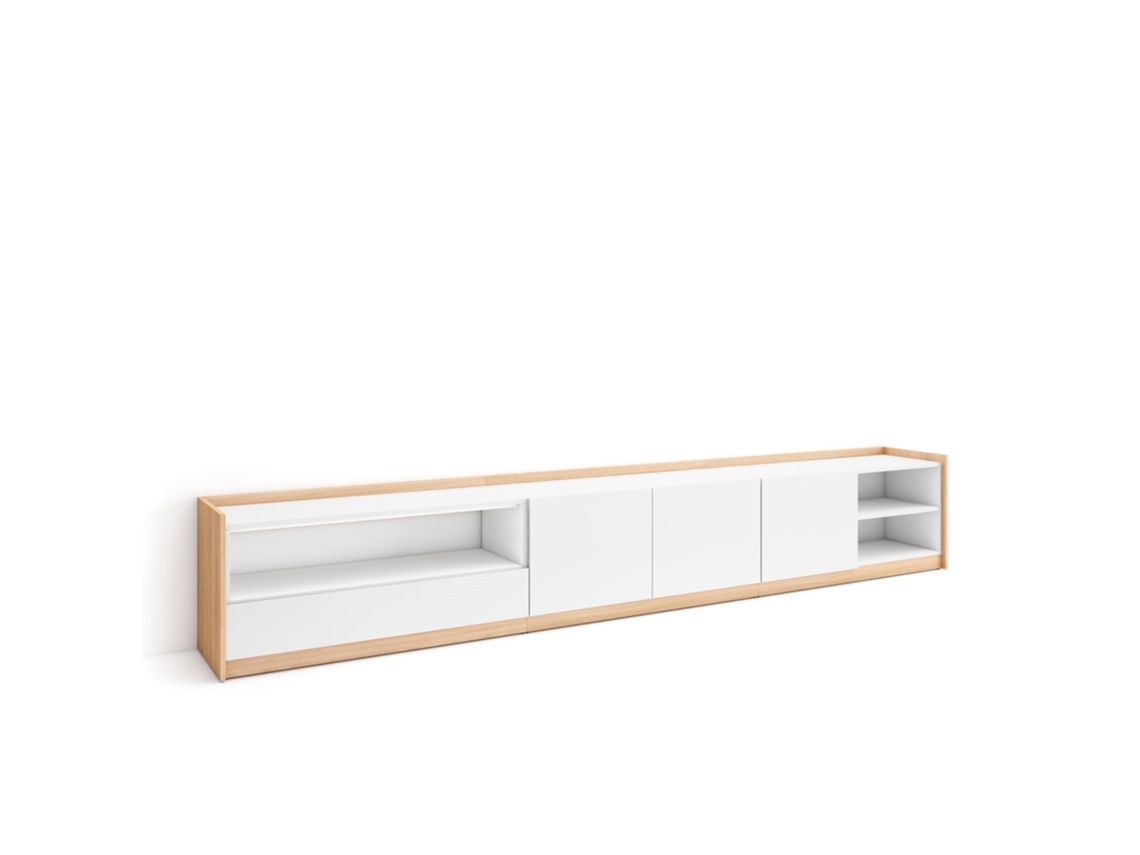 Mueble para TV, 310x37x50cm, para televisores de hasta 80'', color blanco y roble claro.