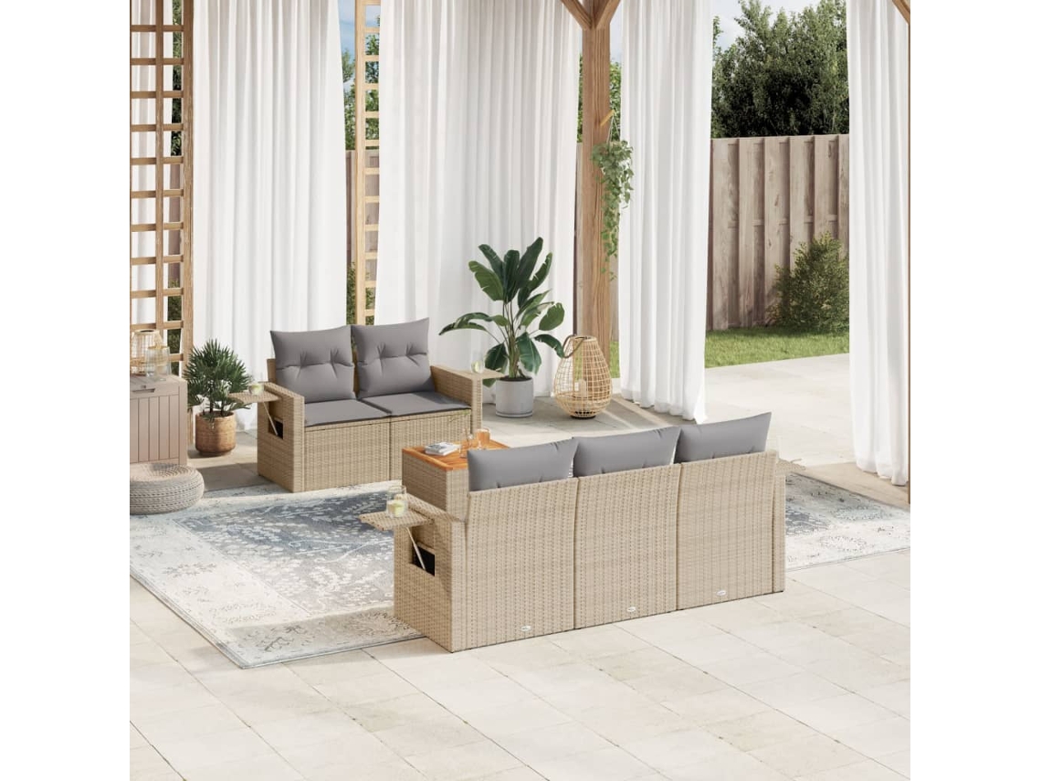 Conjunto de sofá de jardín de 6 piezas con cojines, mimbre beige mixto, DKD Home Decor