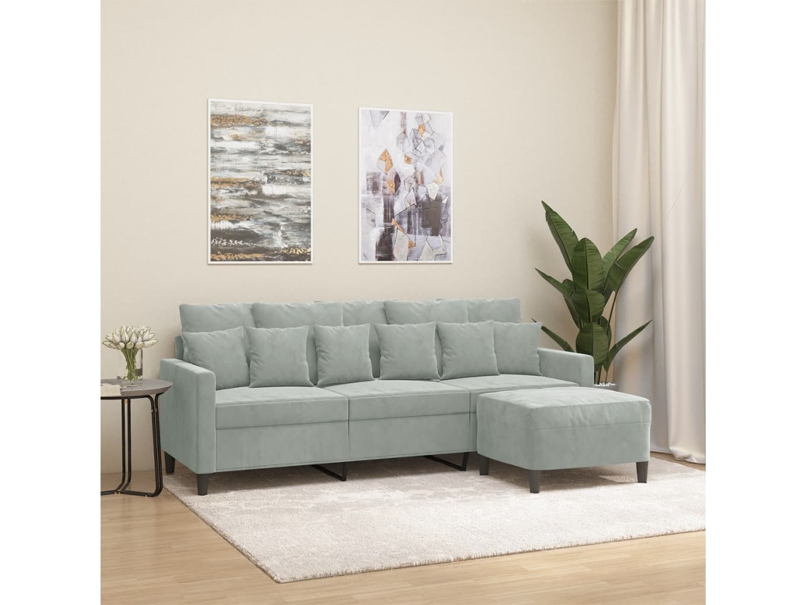 Sofá De 3 Plazas Con Taburete De Terciopelo Gris Claro 180 Cm