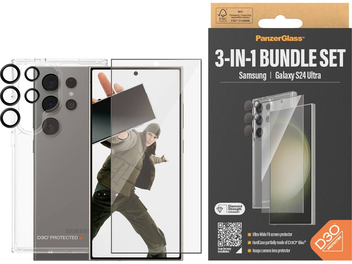 Paquete de protección 3 en 1 PANZERGLASS para Samsung Galaxy S24 Ultra (Funda + Protector de pantalla + Protector de cámara)