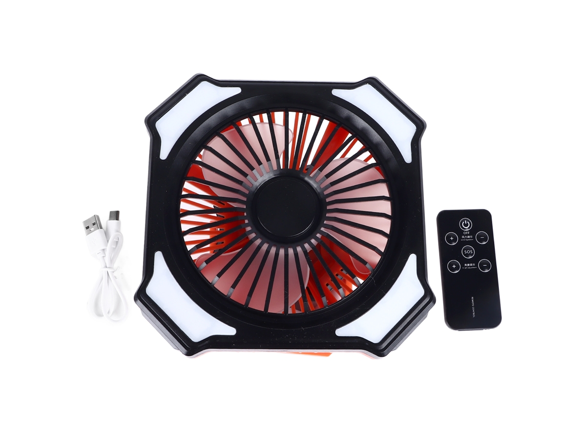 Ventilador de camping con linterna LED, batería recargable de 10000 mAh, negro/naranja, sin marca.