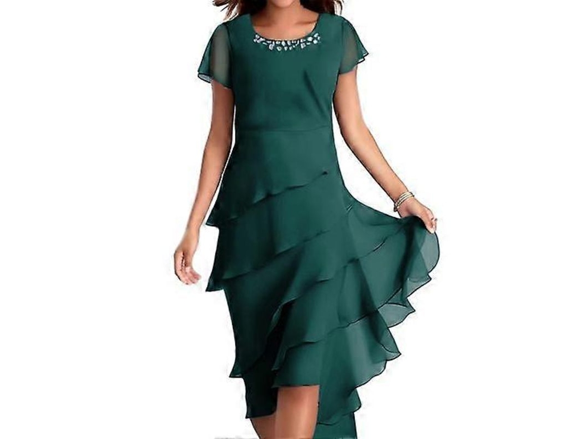 2026-vestido Elegante Para Mujer Con Cuello Redondo, Mangas Cortas, Decoración De Perlas Y Falda Capa Midi Para Fiesta Y Boda