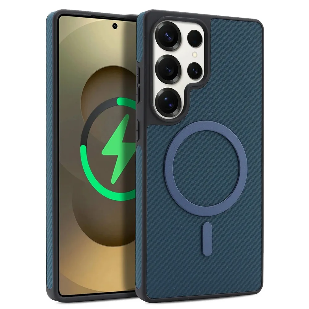(azul, Galaxy S24) Lujosa Funda Para Teléfono Con Textura De Cuero Y Fibra De Carbono, Compatible Con Carga Magsafe.