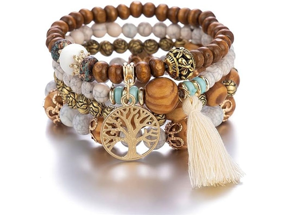 Pulsera De Cuentas De Madera Multicapa Con Borla Y Árbol De La Vida, Pulsera Elástica Estilo Boho, Souvenirs Turísticos Para Mujer.
