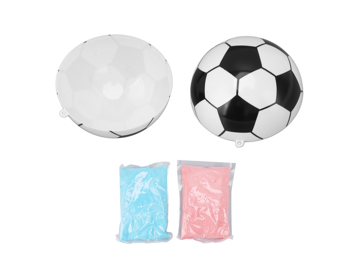 Revelación de género con balón de fútbol, azul celeste y rosa.