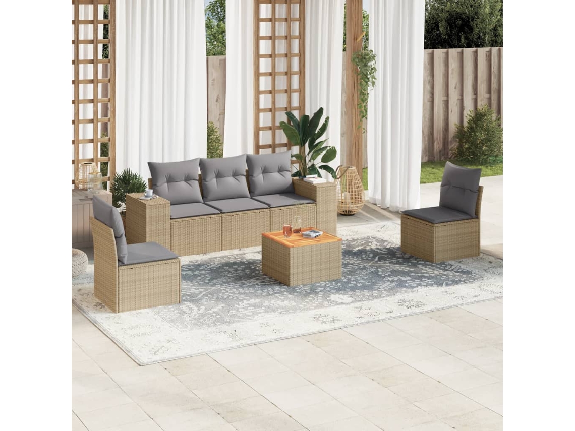 Conjunto de sofá de jardín de 6 piezas con cojines, mimbre sintético beige, Dkd Home Decor