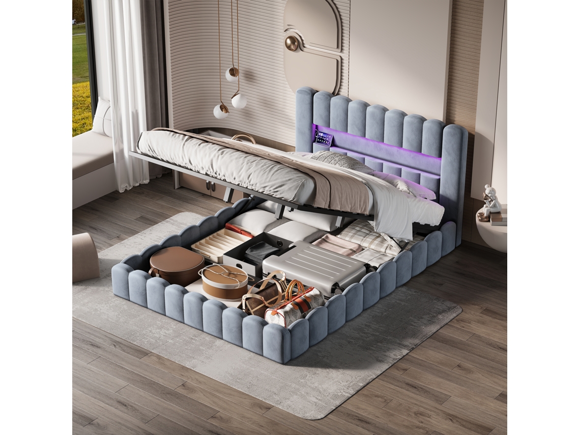 Cama moderna tapizada, modelo Bubble Bed, con puertos de carga USB e iluminación LED, 180x200cm, lino, gris claro, colchón no incluido.