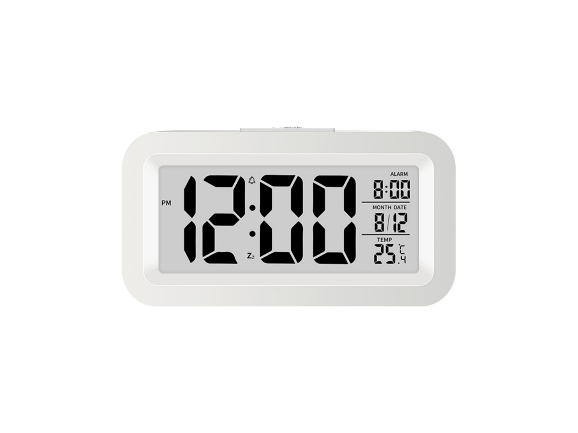 Reloj despertador digital con gran pantalla LCD y diseño de luz inteligente para una fácil visualización nocturna.