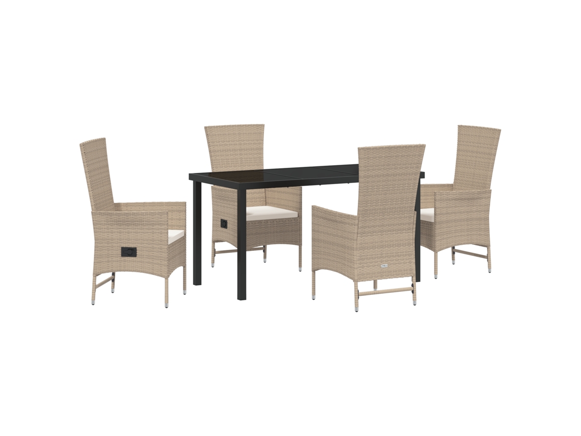 Conjunto de comedor de jardín Vidaxl de 5 piezas con cojines, beige, ratán y poliéster