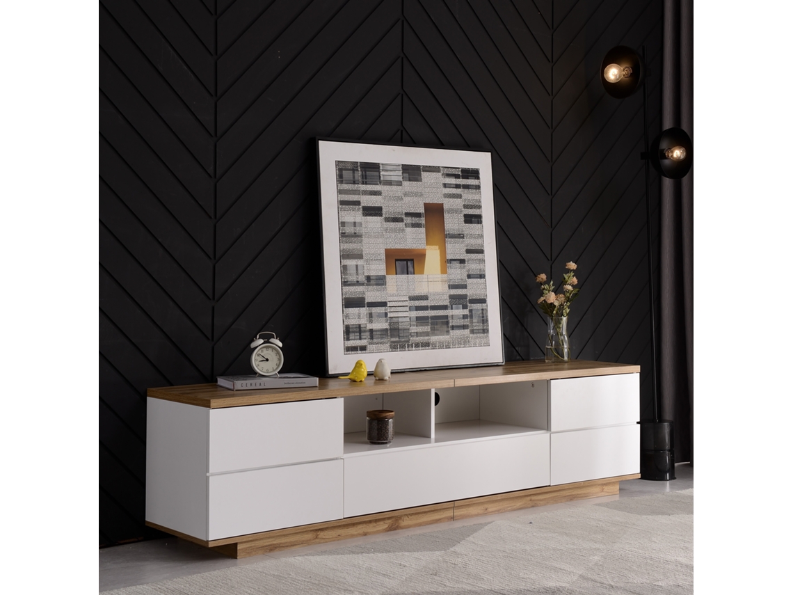 Mueble Tv Moderno 180 Cm - Diseño Bicolor, Acabado Madera - Blanco