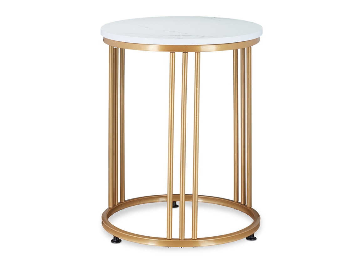 Relaxdays Mesa Auxiliar Marmo, Mesita Salón, Metal Y Mdf, Tablero Redondo, Efecto Mármol, 51 X 41 Cm, Blanco Y Dorado