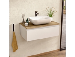 Mueble de baño suspendido con lavabo de cerámica, mueble de baño con 1 cajón, 60 x 27 x 46 cm, mueble blanco y encimera Bellobath roble.