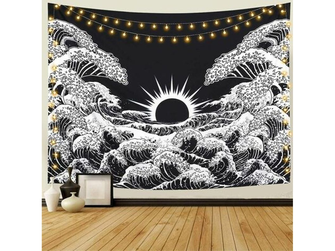 Tapiz De Gran Ola Con Puesta De Sol En El Océano, Blanco Y Negro, Para Pared, 130x150cm
