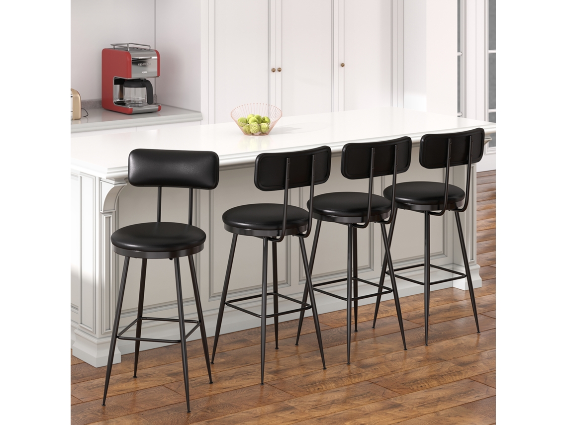 Conjunto De 4 Taburetes De Bar Altos Simurq, Pu Negro Y Estructura De Metal, 85,5 Cm, Ergonómicos, Para Cocina E Isla