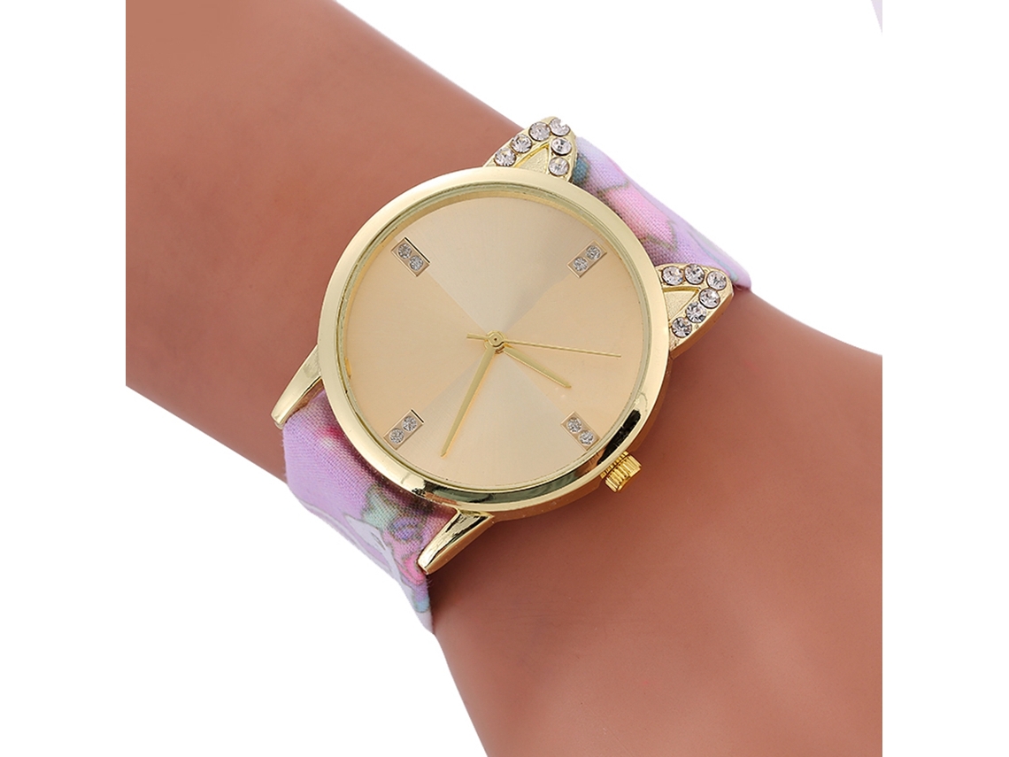 Reloj De Pulsera Sencillo De Cuarzo Para Mujer Con Diamantes De Imitación Y Esfera Rosa Estampada.