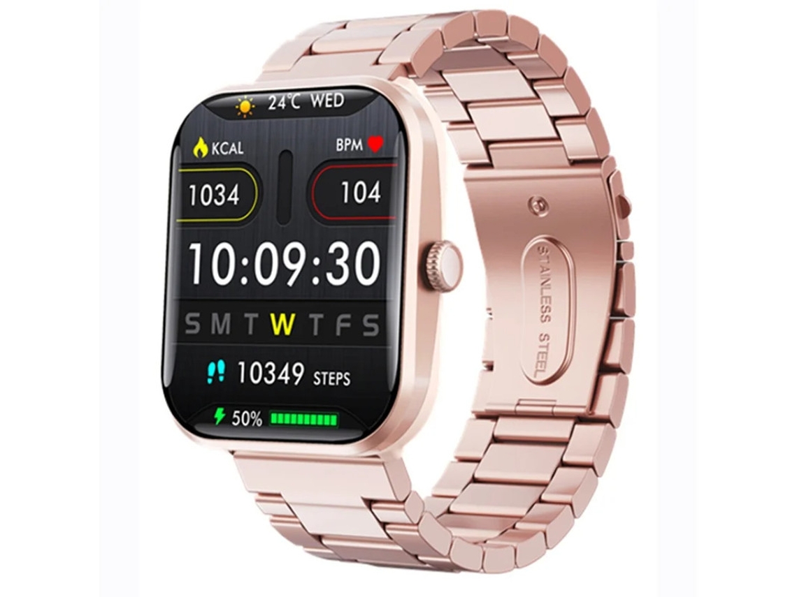 Reloj inteligente con monitorización de frecuencia cardíaca, presión arterial y temperatura, notificaciones push y medición no invasiva de azúcar en sangre.