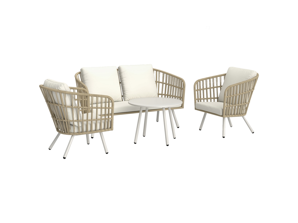 Conjunto de jardín de 4 piezas con sofá, sillones y mesa de ratán sintético, cojines cómodos y resistentes a los rayos UV (ha)