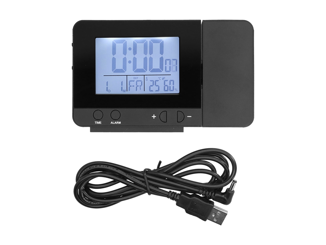 Relógio Despertador Digital Com Projeção 180°, Termômetro, Higrômetro, Usb, Led, Preto