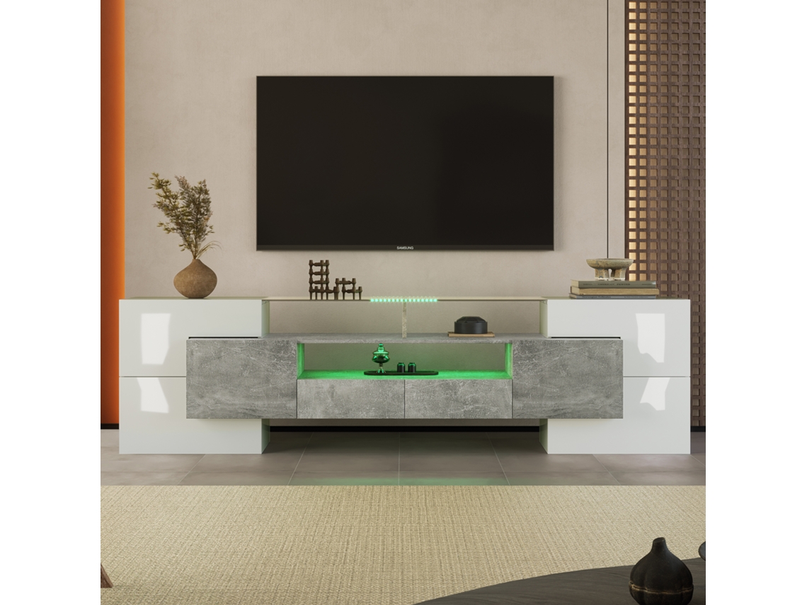 Mueble Tv Brillante De Hormigón, 200 X 30 X 60 Cm, Led Multicolor, 6 Puertas, 2 Cajones, 3 Nichos, Efecto Vidrio, Blanco Gris
