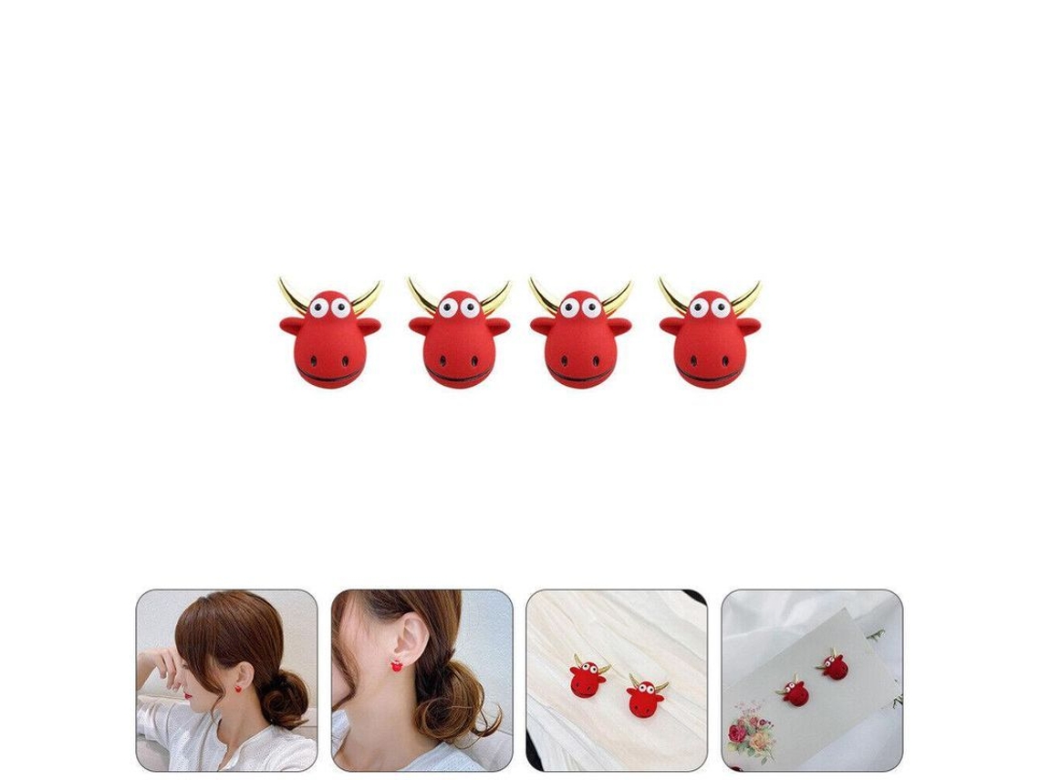 2 Pares Pendientes De Toro Zodiaco Chino Plata Aguja Aretes Joyería Año Nuevo Rojo