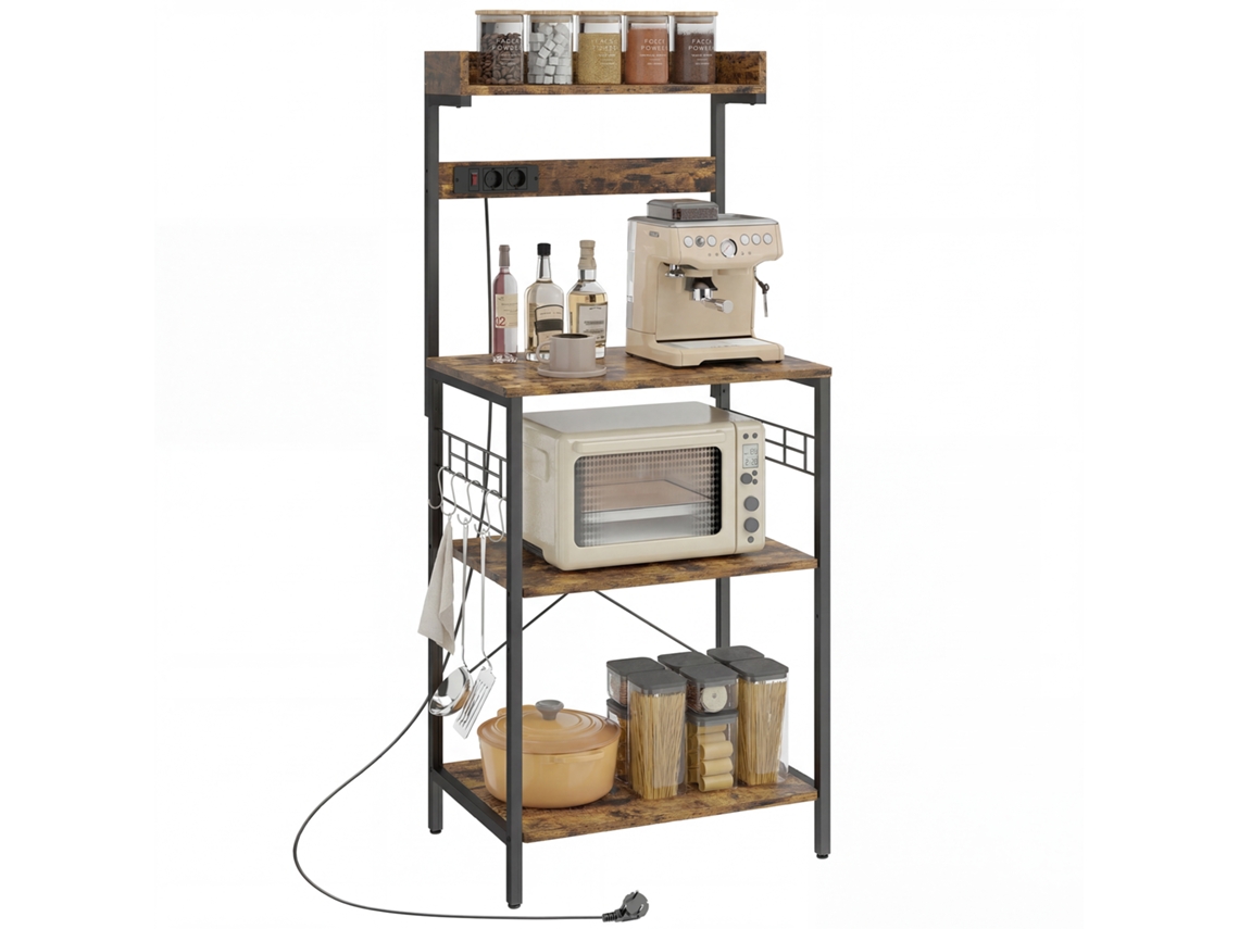 Prateleira de Cozinha com 2 Tomadas, Suporte para Microondas, Ajustável, Ganchos, 60x42x137 Cm, Marrom Rústico, ZENCORE SERVICES