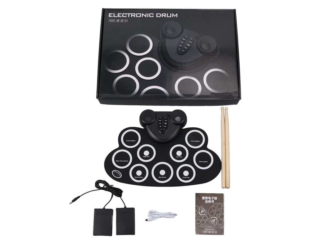 Batería electrónica plegable de silicona con dos trompetas, tambor plegable para practicar.