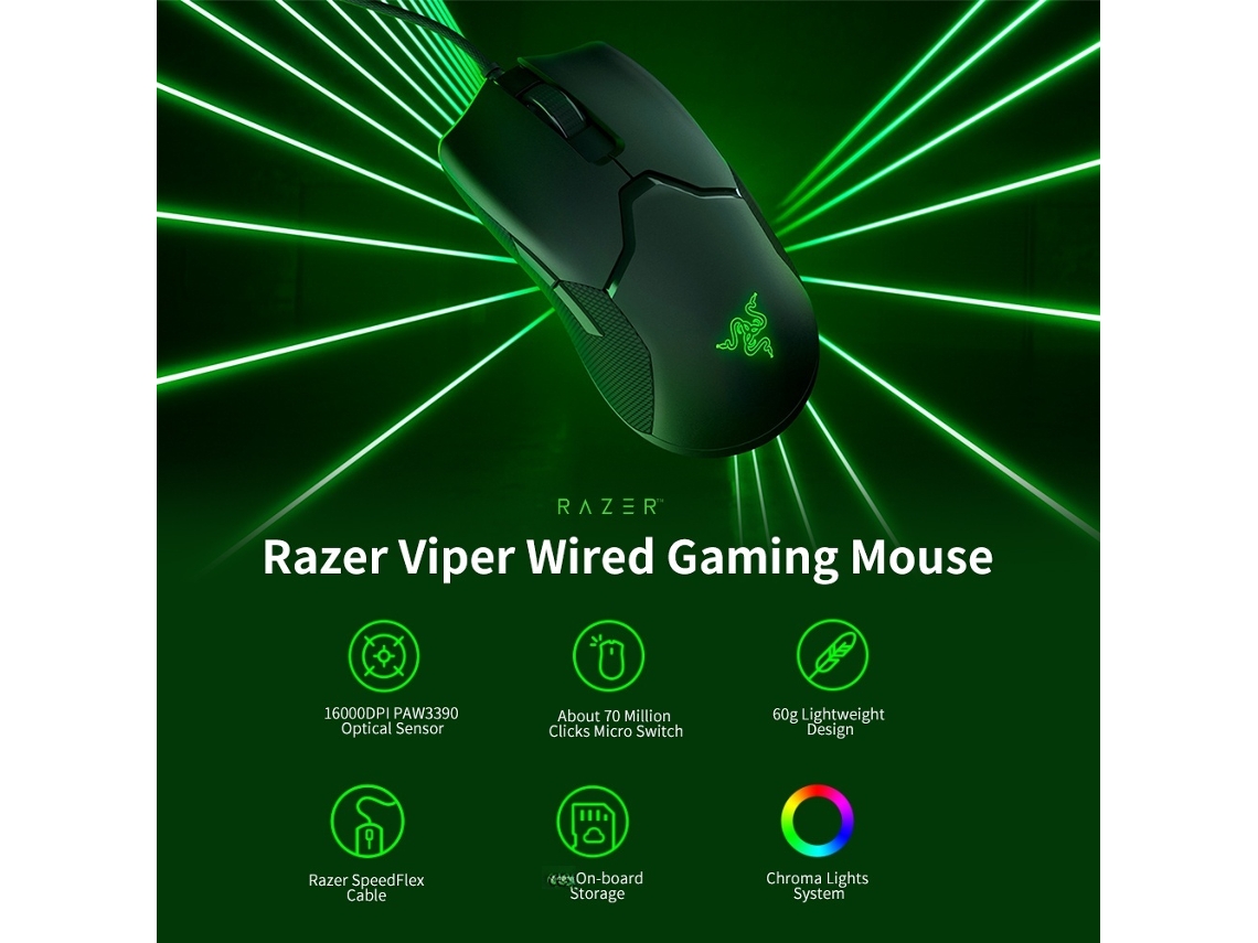 Ratón Gaming Cableado Razer Viper Rgb Chroma 16000 Dpi Sensor Óptico Paw3390 60g