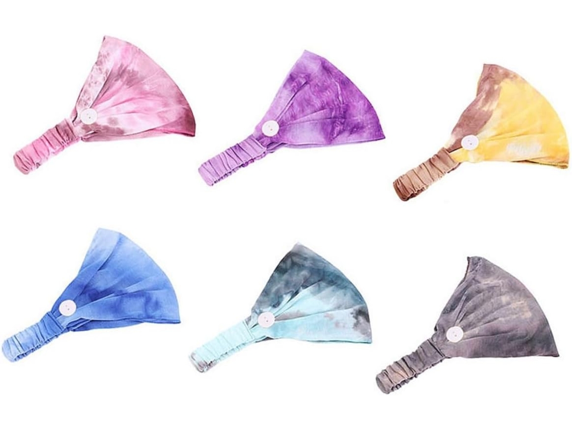 Conjunto de 6 diademas anchas con estampado tie-dye, de algodón suave, versátiles para la práctica deportiva, con botones para ajustarlas a las orejas.