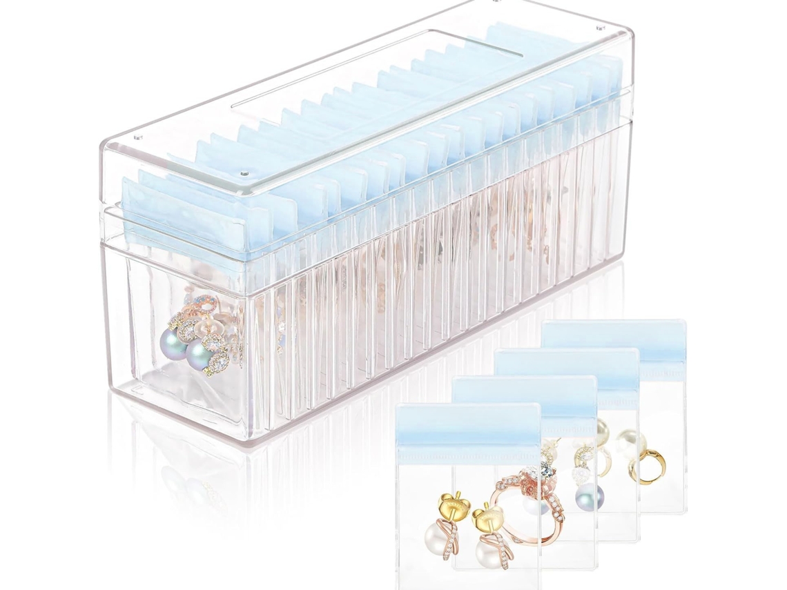 Joyero portátil a prueba de polvo con 20 bolsas transparentes para aretes, anillos y pulseras (azul) Cuich