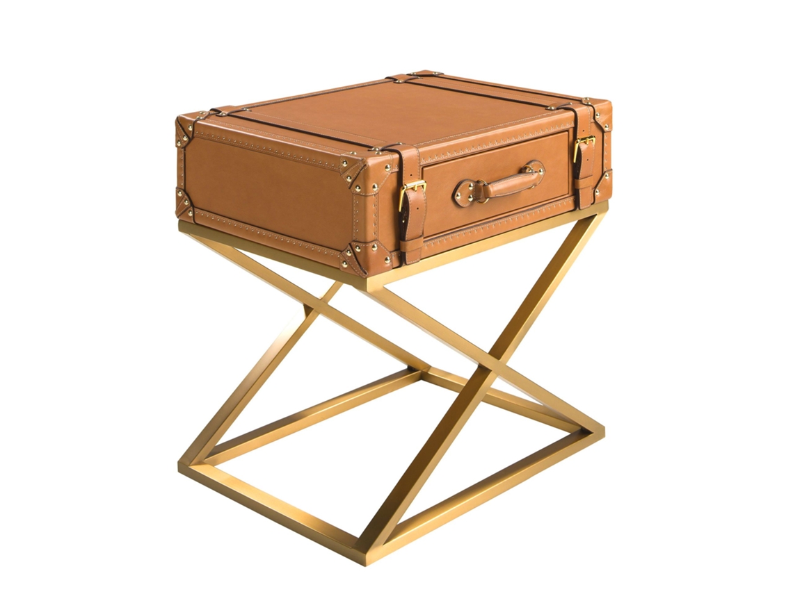 Mesa Rincón Rectangular Piel Y Acero Dorado