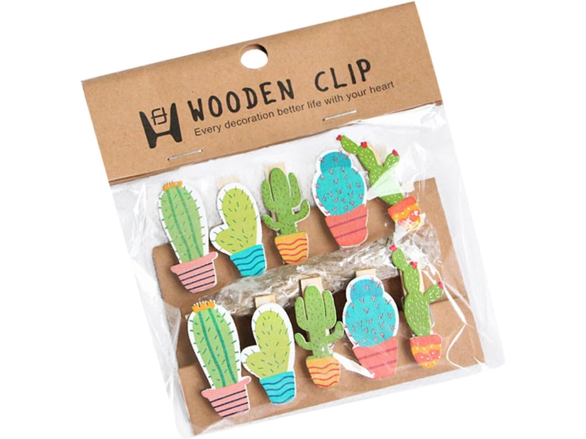 Juego 10 Pinzas Fotos Forma Cactus Decorativas Madera Sujetar Entradas Tarjetas