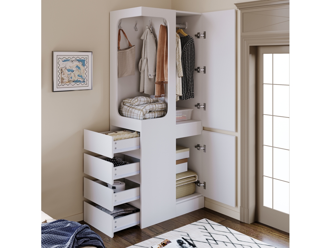 Armario de 70x40x170 cm - 1 puerta, cajones y estantes, espacio abierto para ropa - Blanco
